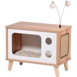 Dobar Katzenhöhle TV-Design Mit Spielbällen 50 X 29 X 40 Cm Holz,Braun-Weiß FSC®
